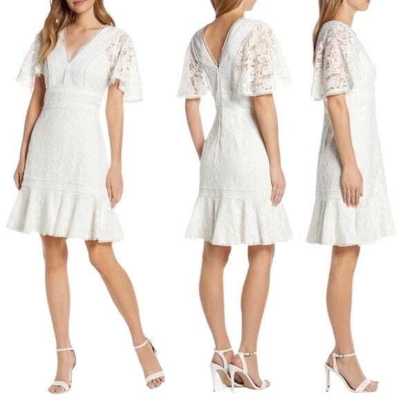 NWT Eliza J Fit & Flare Ivory White Lace Flutter Sleeve Short Dress Size 14 NEW - Picture 15 of 15
